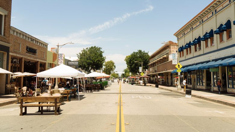 A street lined with shops in Old Towne Orange.