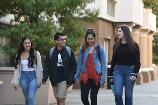 Students walk through campus