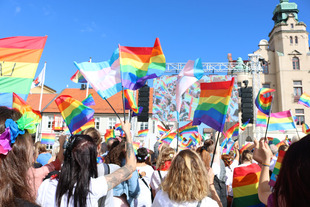 A large group of people waving LGBTQIA+-themed flags.