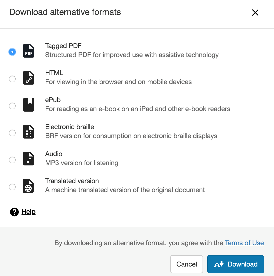 Menu showing the different alternative formats.