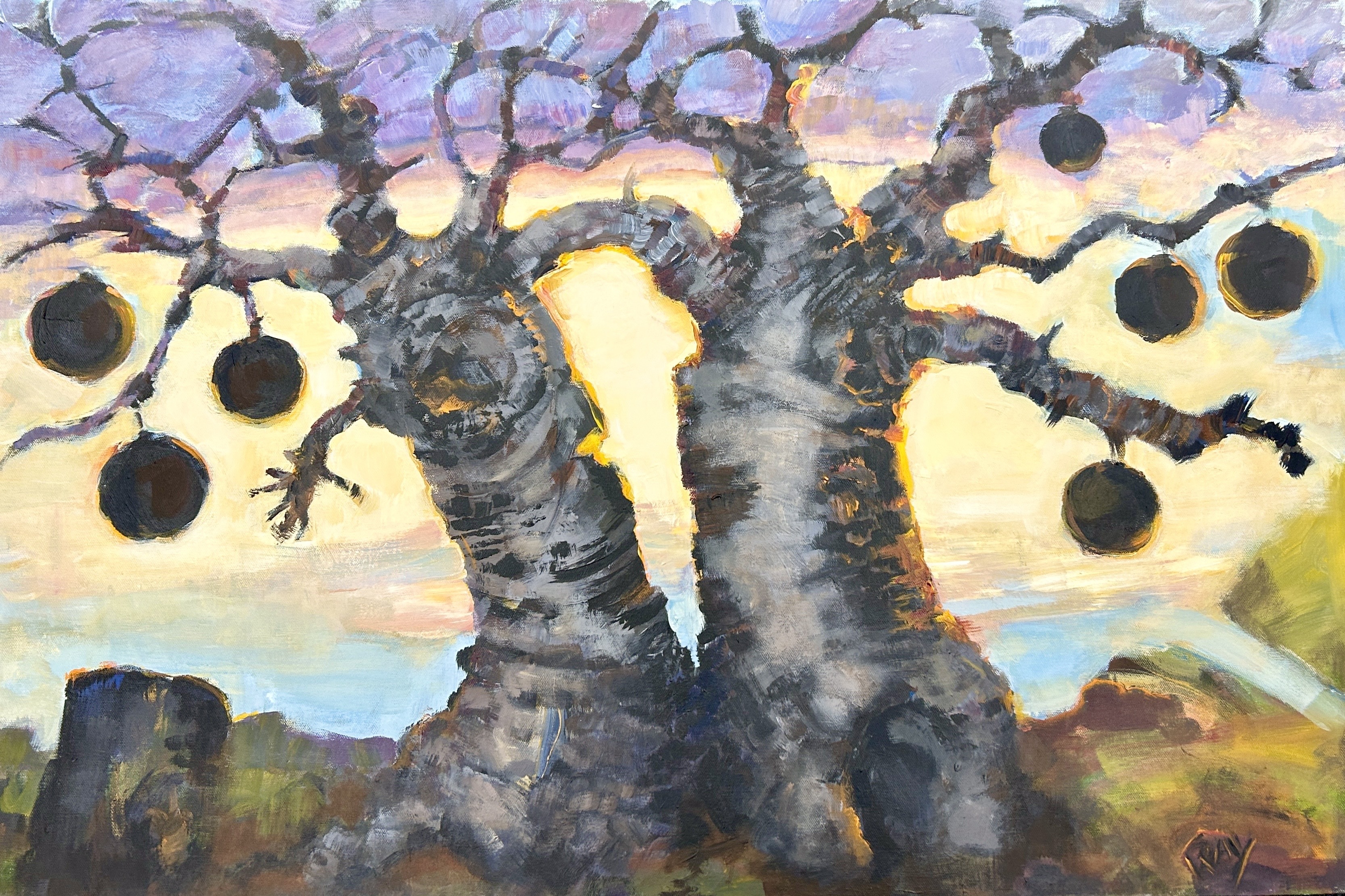 painting of two trees intertwined against a bright blue purple sky.