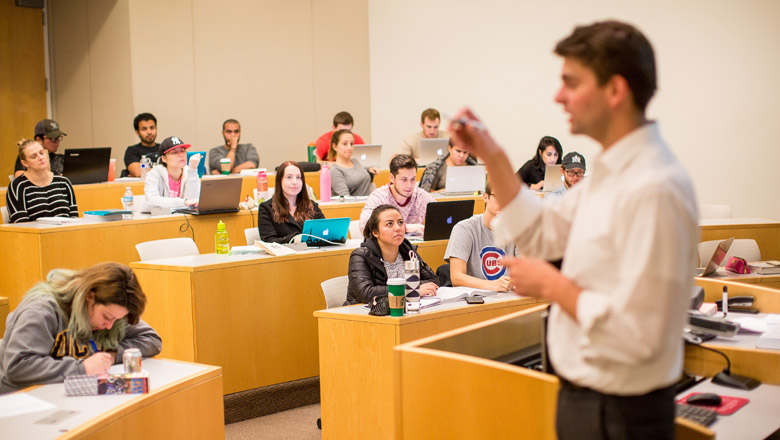 Business students in class at the Argyros College at Chapman University. 