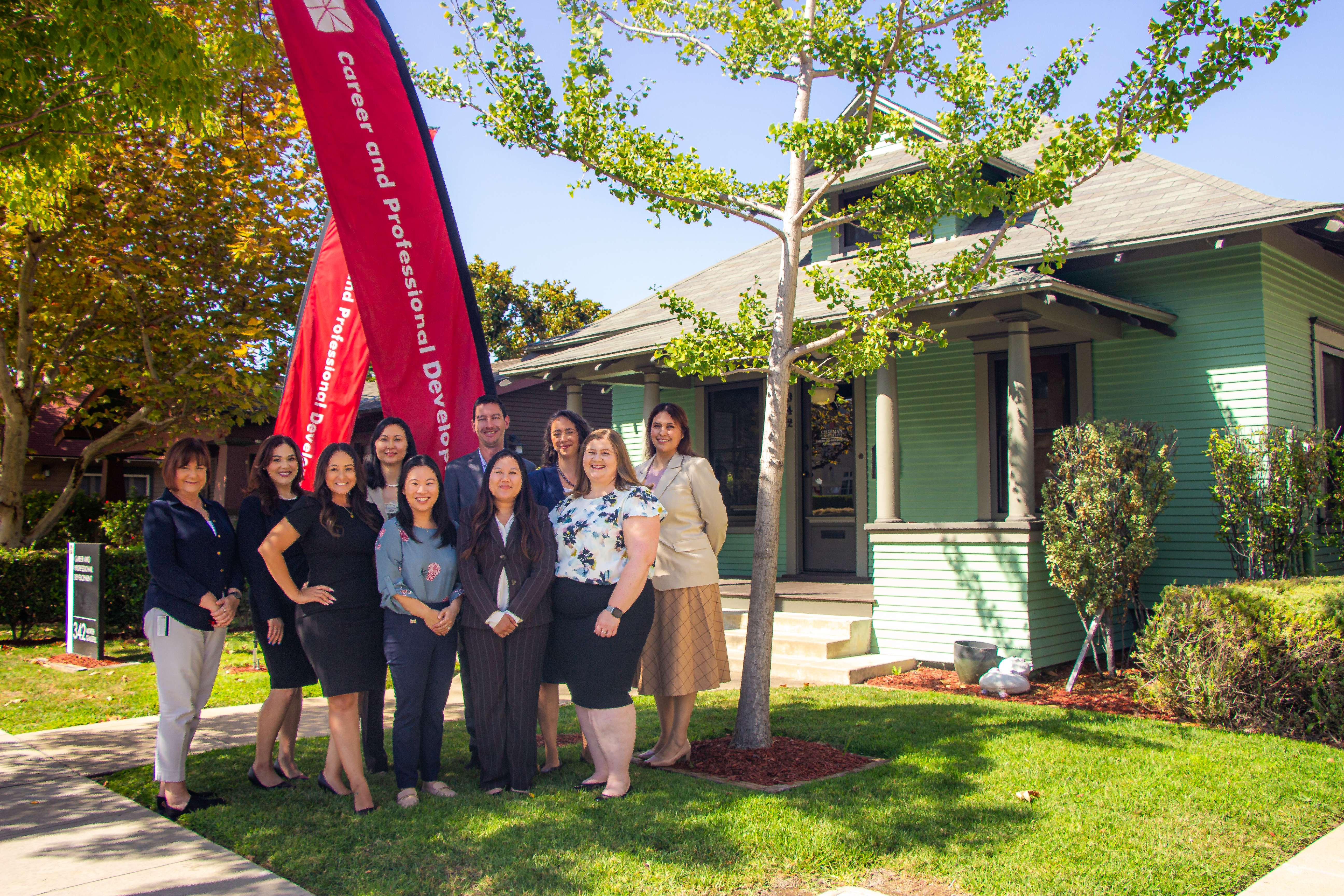 career and professional development team in front of memorial hall at chapman university