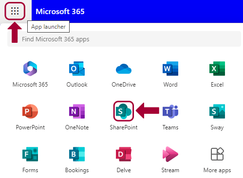 arrow pointing toward microsoft app launcher to find the sharepoint application