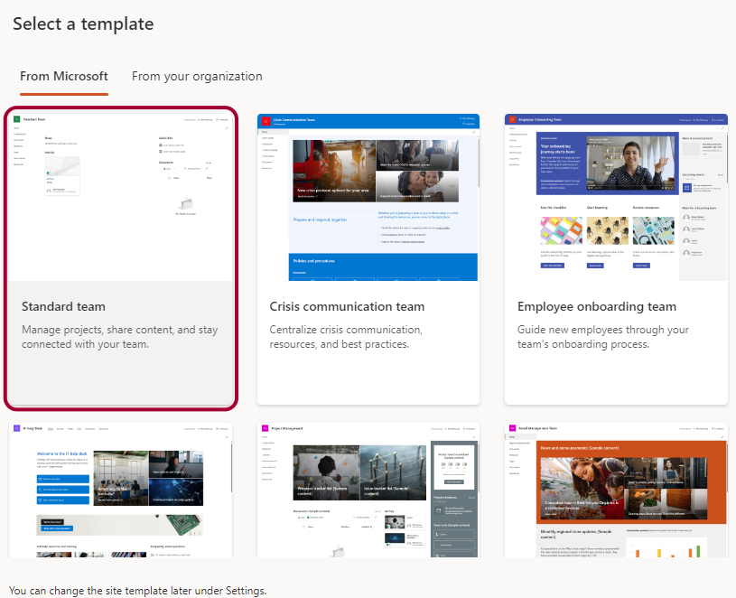 red box around the standard team template for site creation in SharePoint