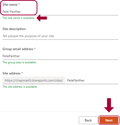 red box around Site Name section. A red arrow pointing out that the site name is available. Red arrow pointing toward the Next button to continue.