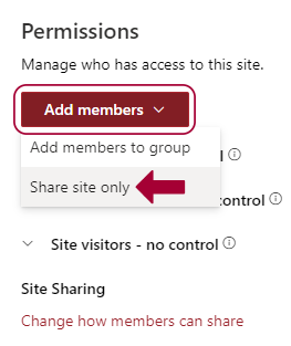 red box around Add members button and a red arrow pointing toward the share site only option.