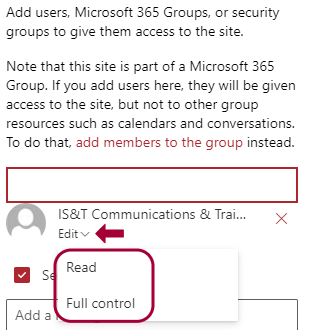 red arrow pointing toward level of control dropdown with a red box around the Read and Full Control options.