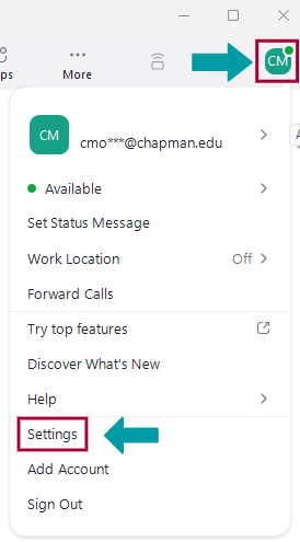 Arrow pointing to Zoom profile picture. Second arrow pointing to Settings tab.