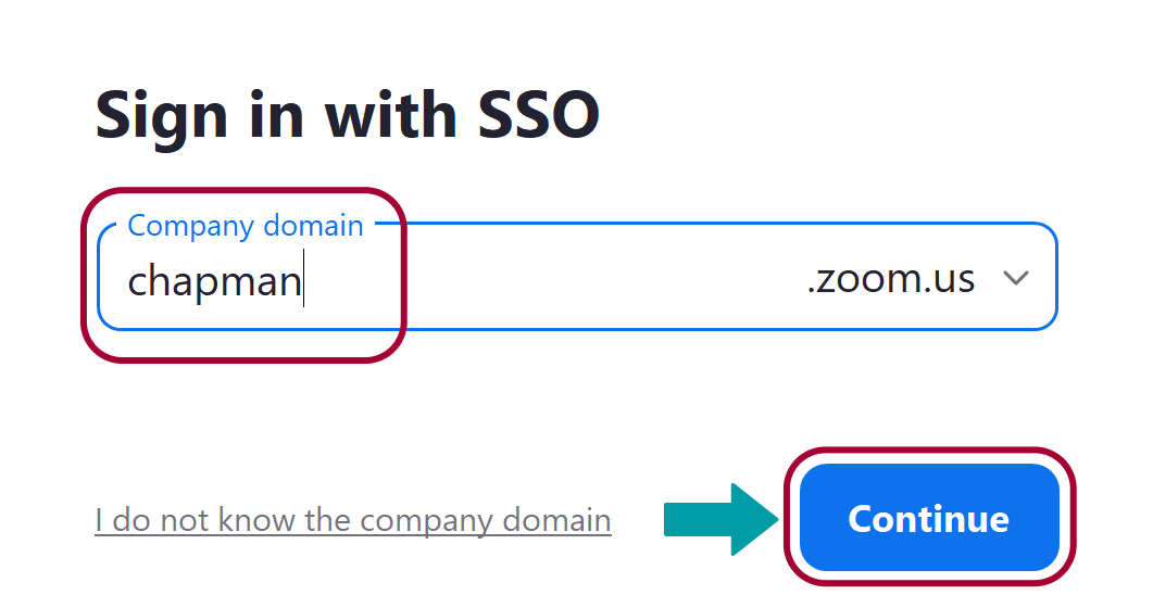 red box around chapman Company domain with a green arrow pointing to the continue button