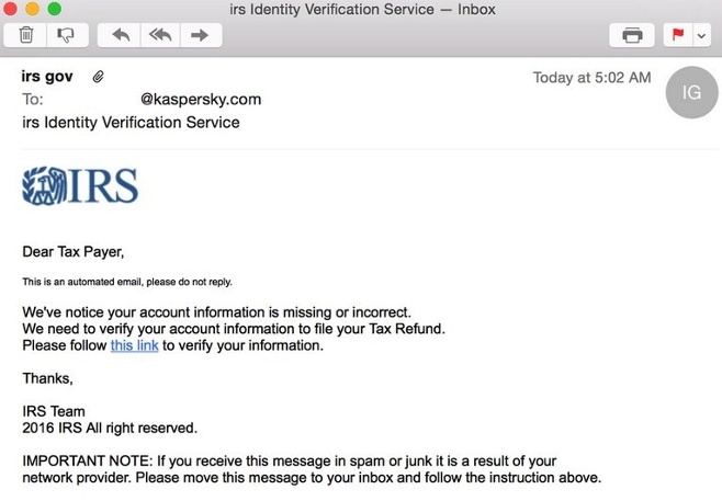 example of fake IRS email scam