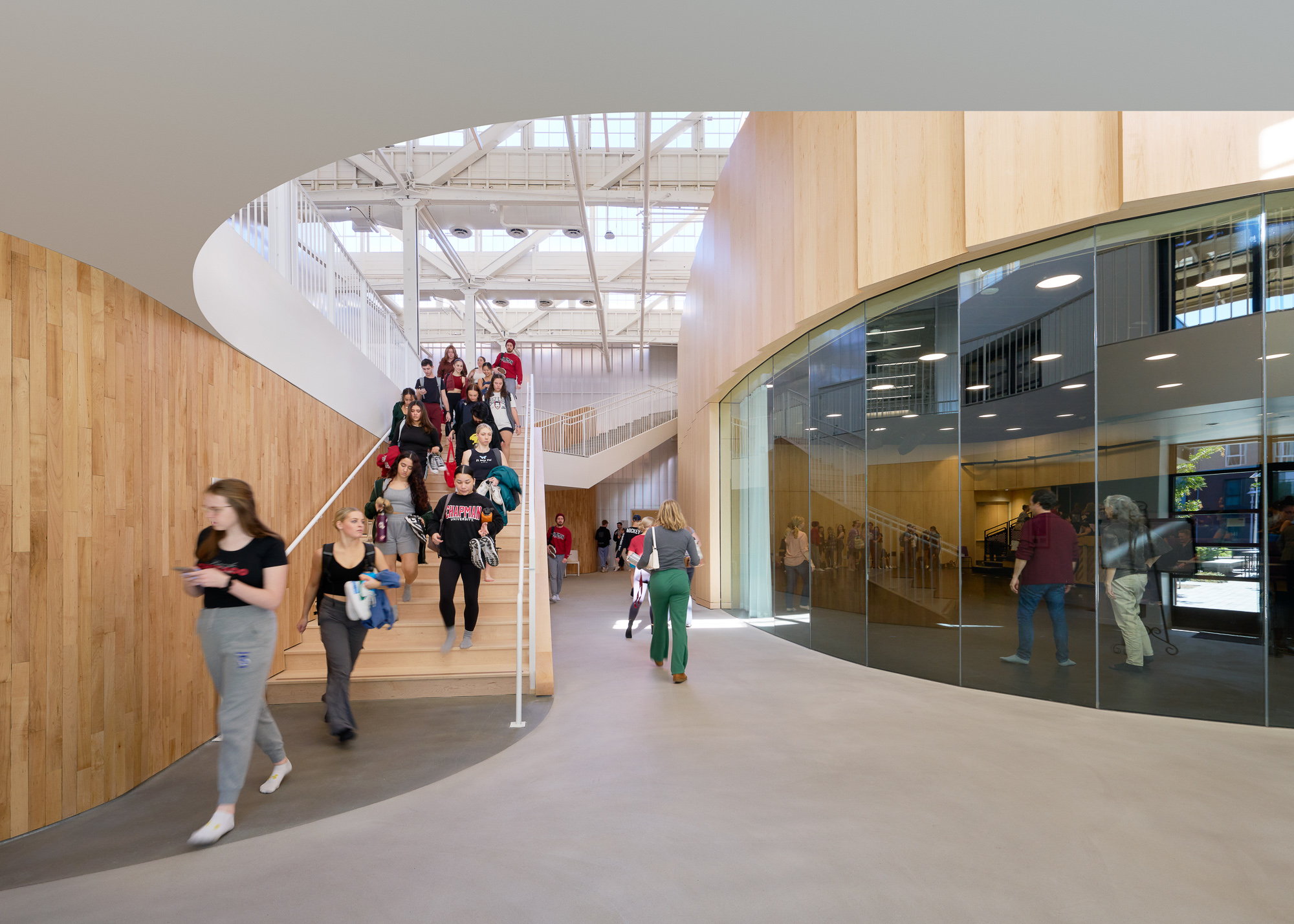 A bright, open hallway in the Sandi Simon Center for Dance.