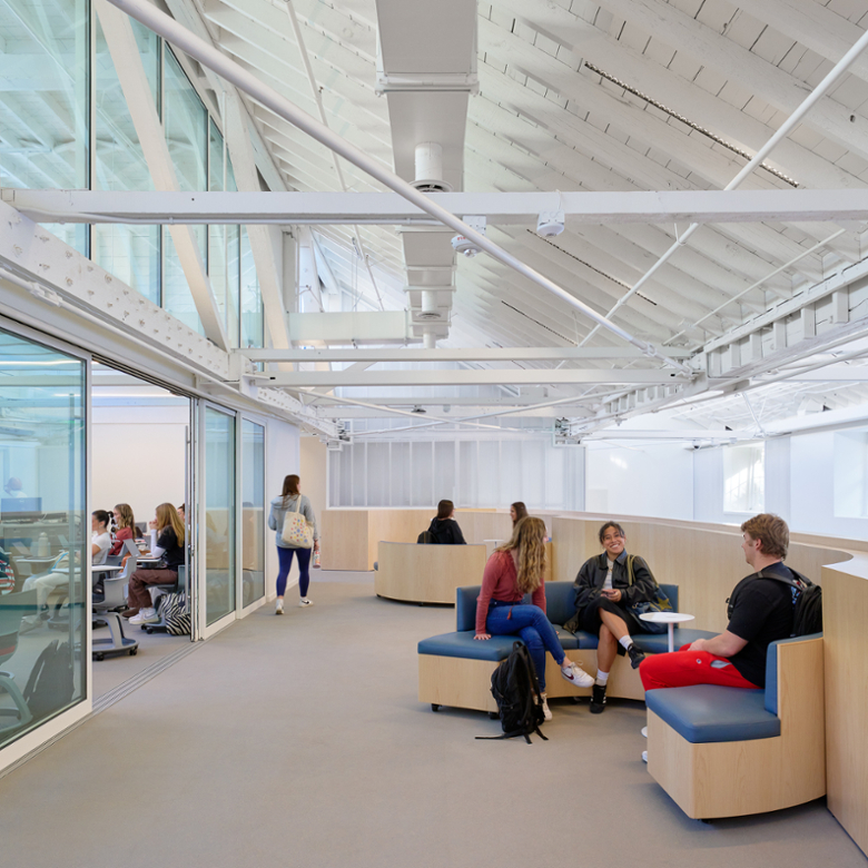 Student lounge space in the Sandi Simon Center for Dance.