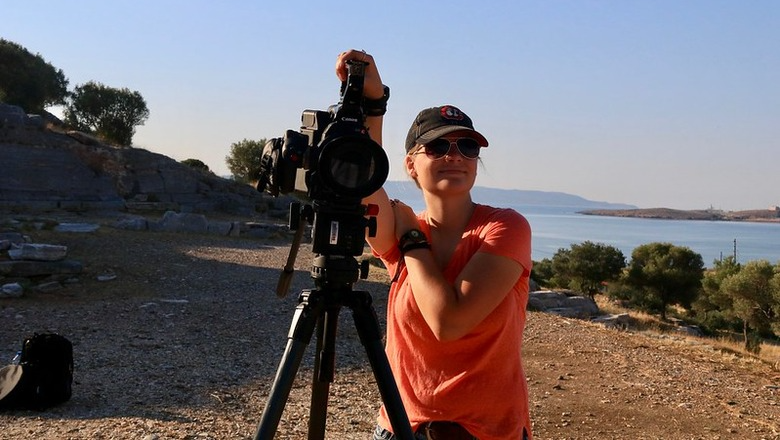 student filming in Greece