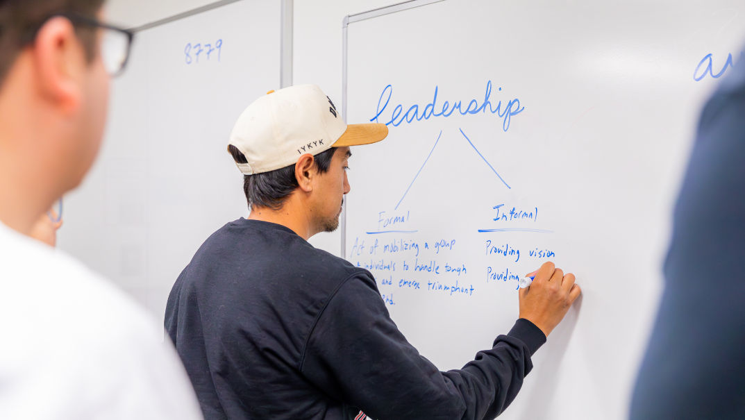 Whiteboard and student.