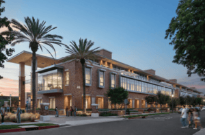 The exterior of the Keck Center at sunset.