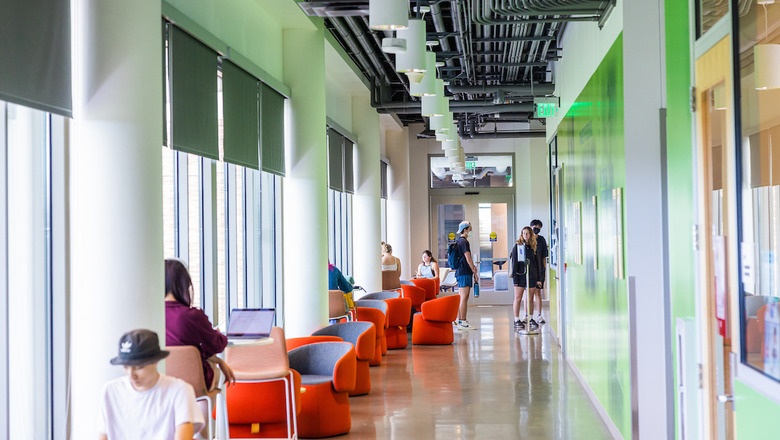 Students in a hallway in the Keck Center on the Chapman campus.