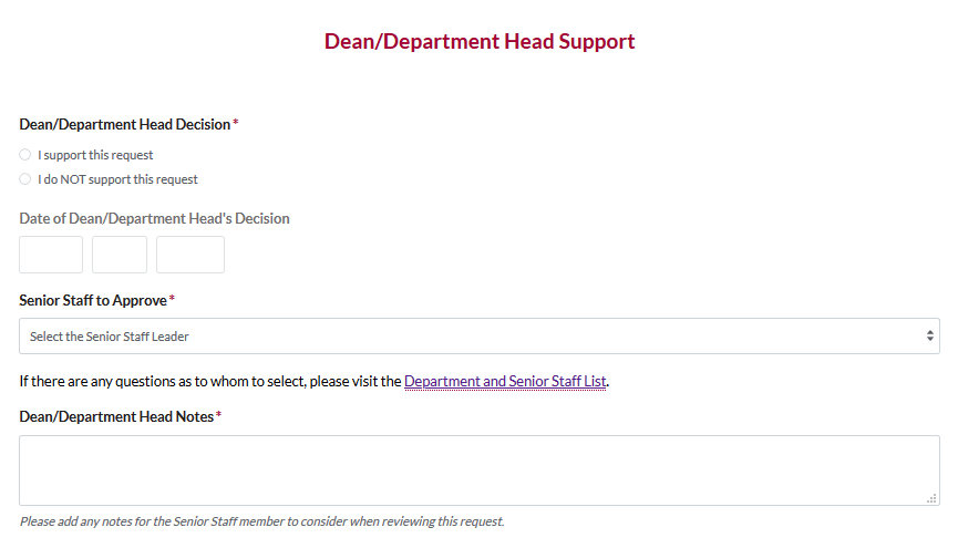 Image of Formstack section for the Dean/Department Head step.