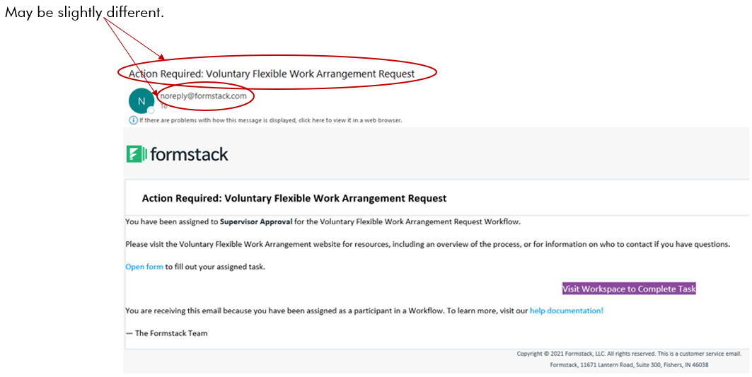 screenshot of a sample email from Formstack that a supervisor may receive.