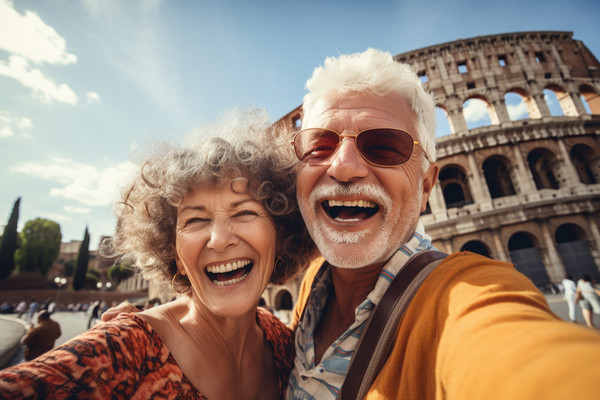 Mature couple traveling in Italy taking a selfie