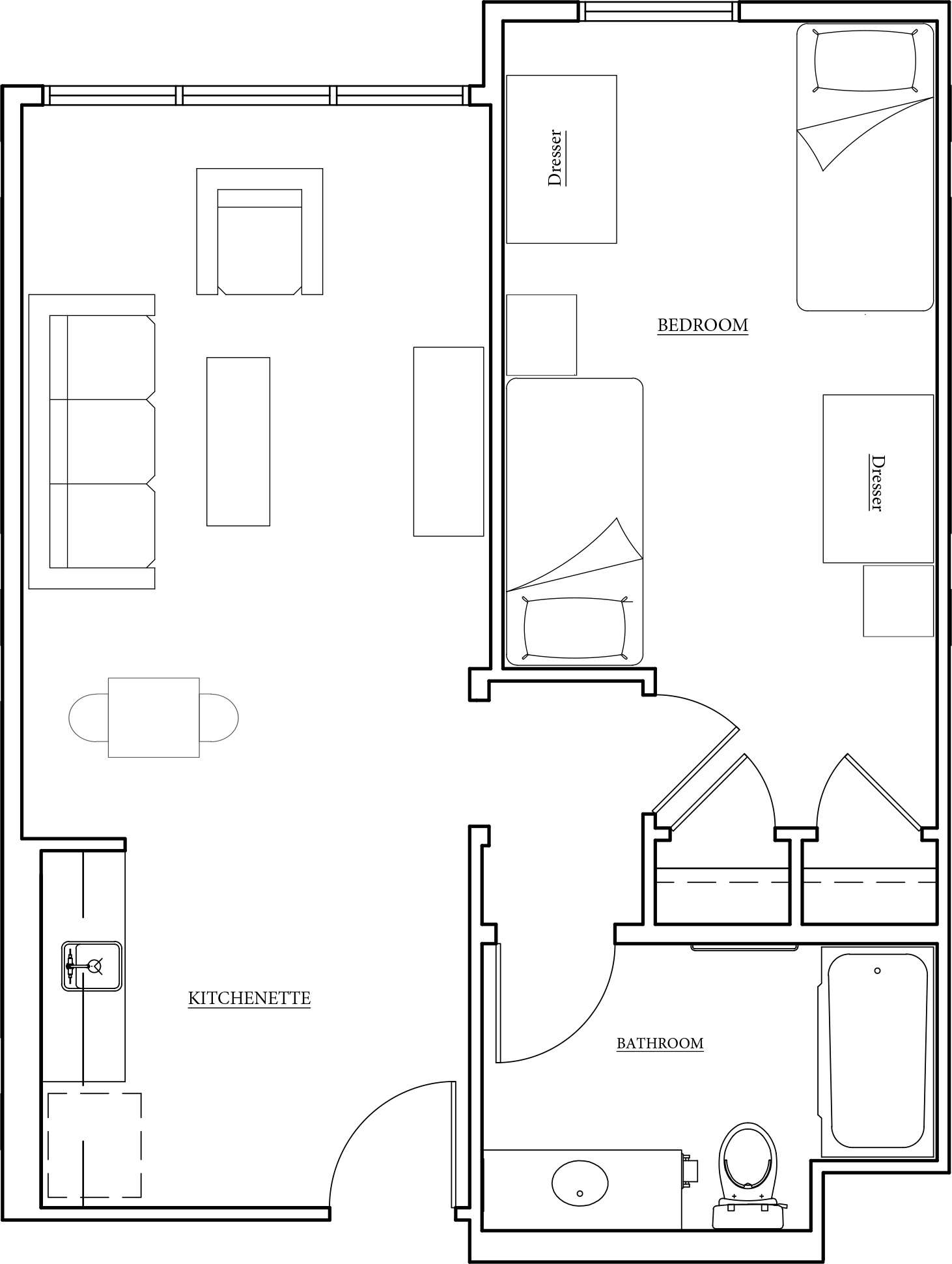 The K 1 bedroom, 1 bathroom layout