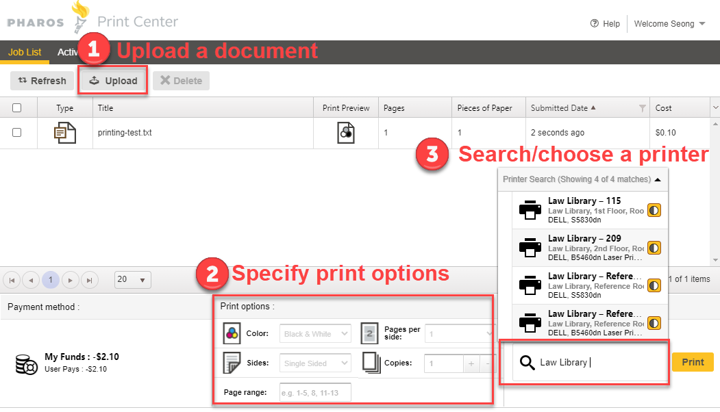 Screenshot of the printer interface