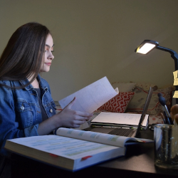 Woman works at desk with books and lamp