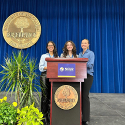 Three women stand at podium on stage with blue drapes behind them