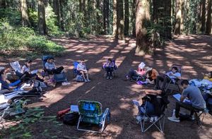 Students sit in chairs in a circle in a wooded area.