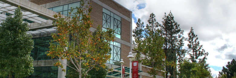 cloudy skies above Argyros forum on Chapman University's campus