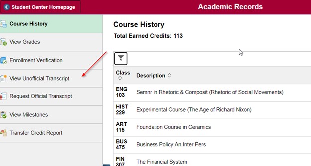 Student Center Homepage View Unofficial Transcript