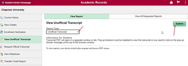 Student Center Unofficial Transcript Report