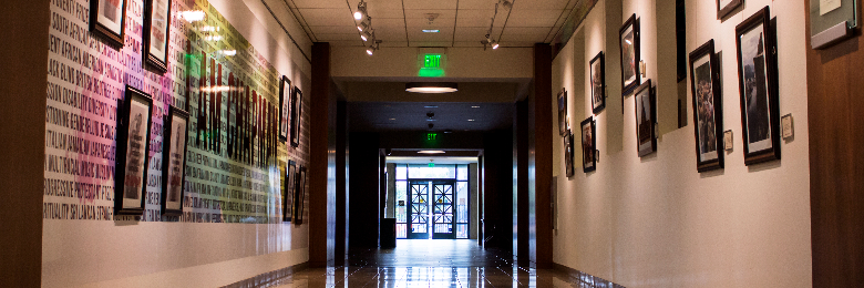 A sculpture by the staircase in Argyros Forum on campus